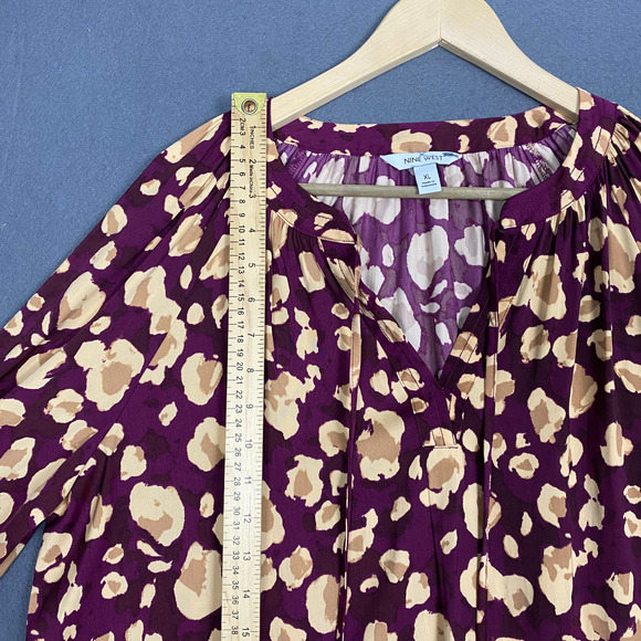 Nine West Top Women's XL Purple Beige Abstract Boat Neck Balloon Sleeve Blouse - Picture 14 of 16